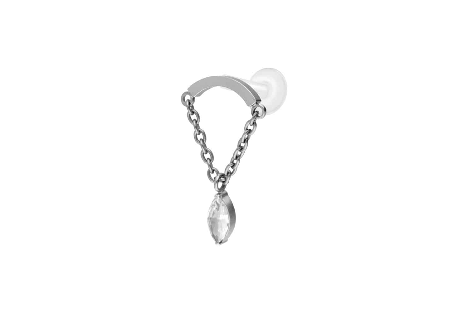 PTFE Labret Piercing mit Innengewinde + Titan-Aufsatz BOGEN + KETTE + KRISTALLTROPFEN